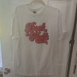 White T-Shirt L with Red 'Deck the Halls' Print